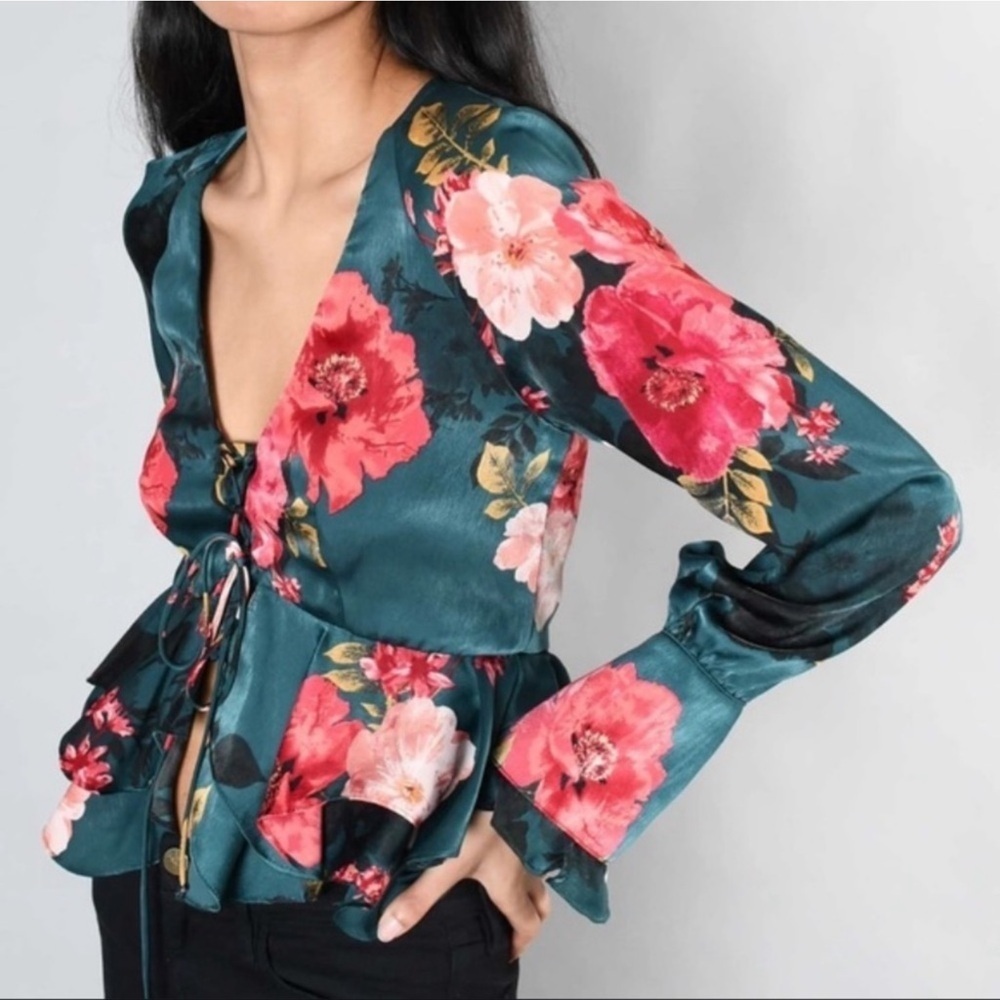 MISA Los Angeles, Green Silky Floral Bloom Lace Up Peplum Ruffles Blouse, Size M